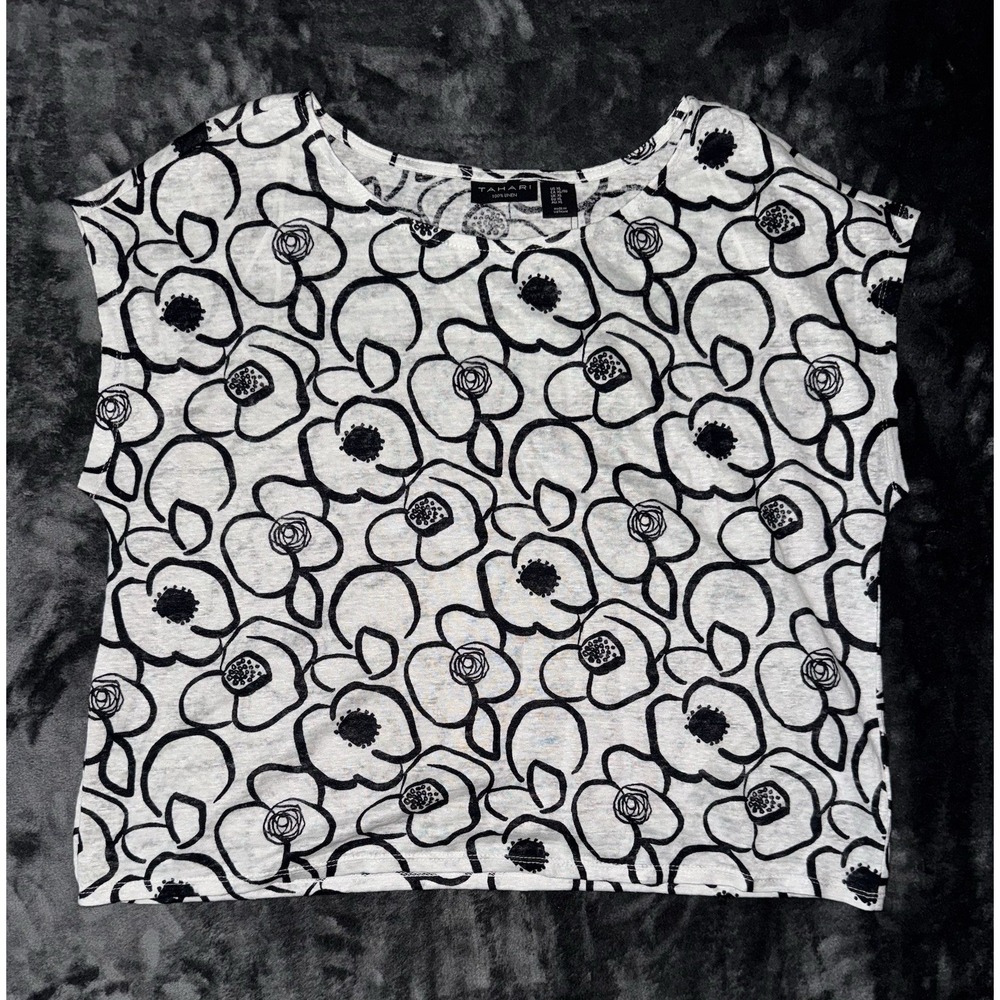 NWT Tahari Women's XL 100% Linen Black White Floral Cropped Boxy Top